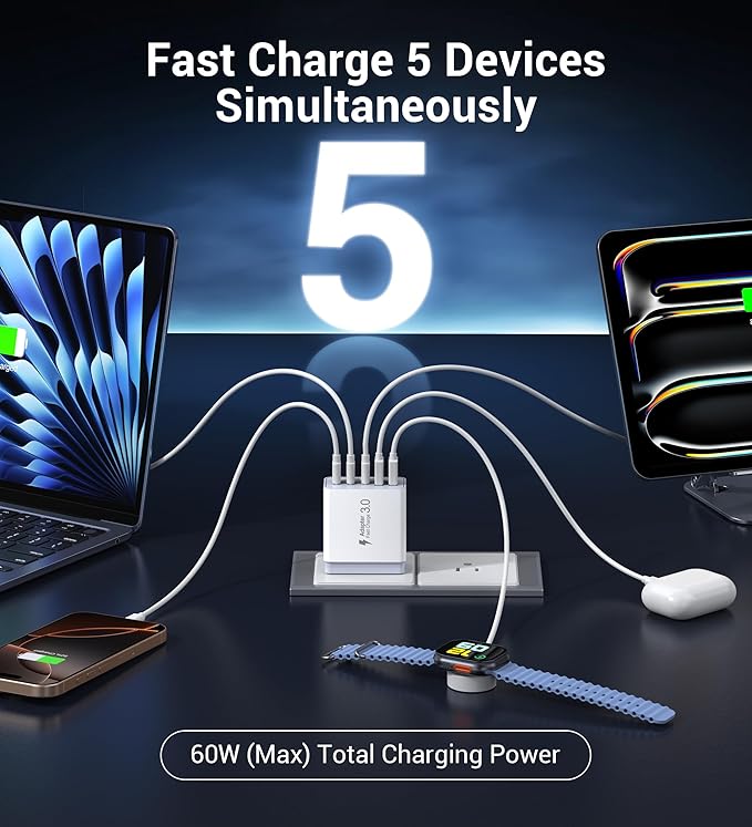 60W USB C Wall Charger Block, 2Pack 5-Port C Charger Fast Charging Block Dual PD Power Adapter&QC 3.0 Wall Plug Multiport Type C Charging Cube Brick for iPhone 12/13/14/15/16/17 Pro Max, iPad,Samsung
