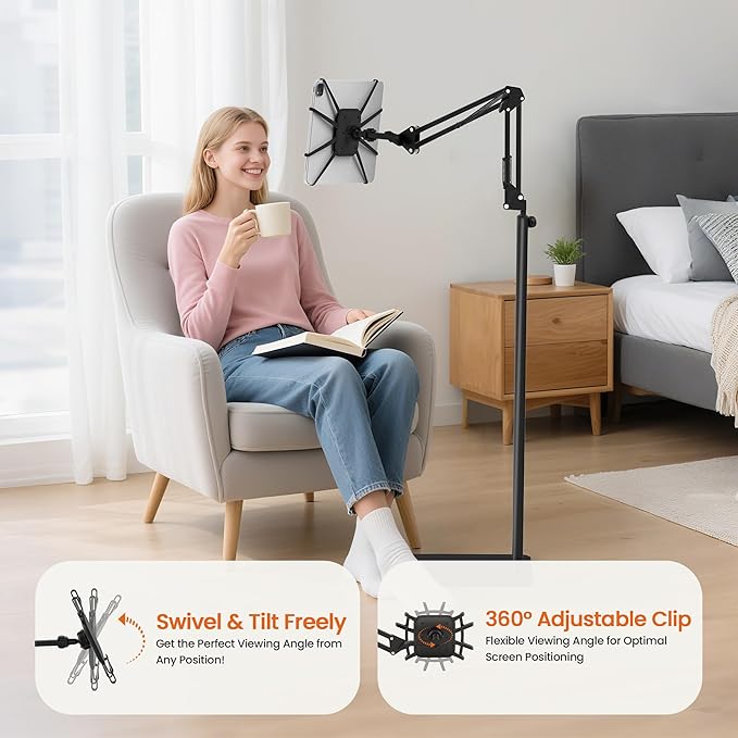 Tablet Floor Stand,Universal Metal Tablet Holder,Overhead Bed Mount Height Angle Adjustable Stand, 360° Rotation Floor Holder for iPad, Kindle, Tab,Phones, E-Readers(7-12.9 Inch)