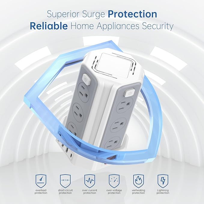 Power Strip Surge Protector, 10 Ft Extension Cord with 12 AC Multiple Outlets 4 USB (1 USB C), SMALLRT Power Tower Desktop Charging Station (White, 16.4 FT)