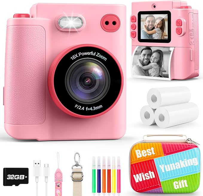 Gift for 3-12 Year Old Girls: Kids Camera Digital Instant Print 1080P Dual Camera Toys Birthday Christmas Valentines Gifts for Kid Girls Boys Ages 3 4 5 6 7 8 9 10 with 32G SD Card Storage Bag Pink