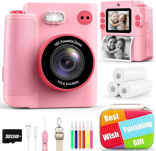 Gift for 3-12 Year Old Girls: Kids Camera Digital Instant Print 1080P Dual Camera Toys Birthday Christmas Valentines Gifts for Kid Girls Boys Ages 3 4 5 6 7 8 9 10 with 32G SD Card Storage Bag Pink