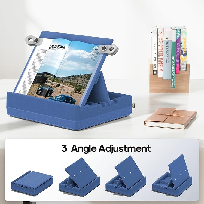 KDD Book Stand with Storage, Multi-Angle Viewing Reading Tablet Holder for Lap, Bed, Desk and Couch, Foldable I-pad Pillow Holder with Organizer Tray for Book,Tablet, Cell Phone, (4.7"-15") Blue