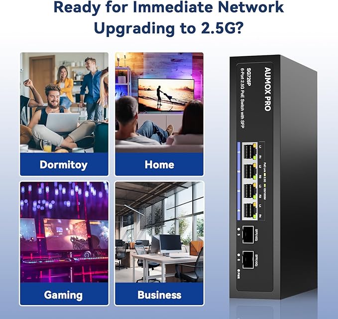 6 Port 2.5G PoE Switch,AUMOX PRO 4 Port 2.5G Network Unmanaged Switch with 2x10G SFP Gigabit Ethernet Unmanaged PoE Switch 75W,Compatible with 100/1000/2500Mbps Plug and Play