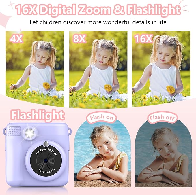Instant Print Camera for Kids,Christmas Birthday Gifts for Age 3-12 Girls Boys，1080P HD Digital Video Cameras for Toddler,Kids Portable Toy with 3 Rolls Photo Paper，32GB Card-Purple
