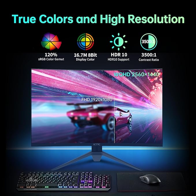 KTC 32 inch Curved Gaming Monitor, 165Hz 1ms MPRT, 2K 1440P 144Hz Monitor, 1500R HVA Display, FreeSync Premium, HDR, 120% sRGB, DisplayPort/HDMI/USB, Vesa Support 3.9x3.9'', PC Monitor for Gamers