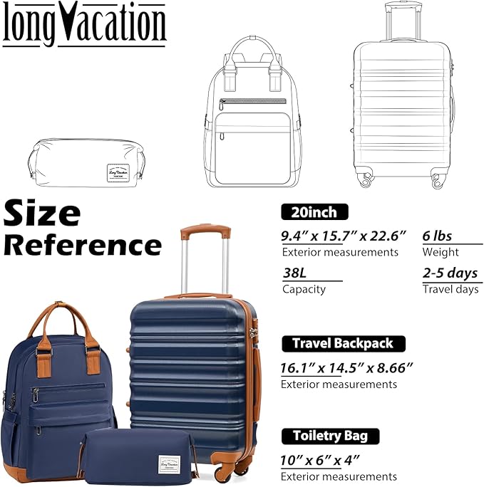 LONG VACATION Carry On Luggage Sets 3 Piece 20 Inch Suitcase Set, ABS+PC Hardshell Lightweight Travel Luggage with Spinner Wheels & YKK Zipper TSA Lock (20 INCH (BP/TB), NAVY)