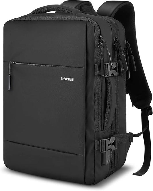 HOMIEE Travel Laptop Backpack TSA Friendly Flight Approved Carry-on Bags with USB Charging Port, Expandable Luggage Daypack Extra Large Suitcase Durable Weekender Bag, Black