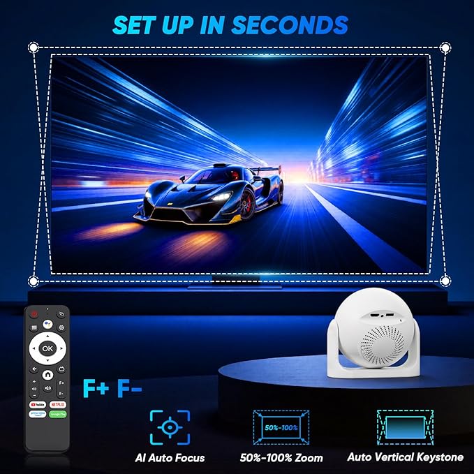 Mini Projector with WiFi and Bluetooth Auto Focus & Vertical Keystone Smart Portable Projector Android 13 with Built in Apps 1080P HD 4K Support w/ HDMI/USB Supported Home Movie Projector (White)