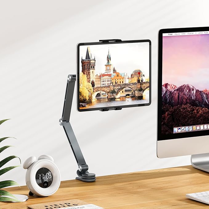 Tablet Stand Holder, Adjustable Foldable Tablet Arm iPad Desk Mount with 360°Rotate Base, Phone Holder iPad Stand for Desk and Bed, Compatible with Tablets, Phones or Other 4-15.6" Device