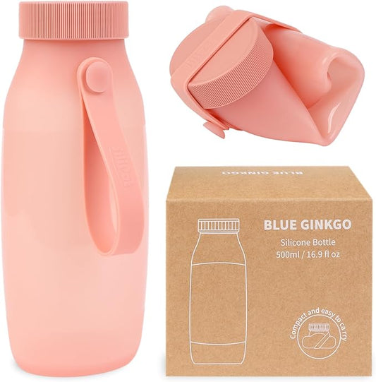 BLUE GINKGO Collapsible Water Bottle – Lightweight, Foldable Silicone Bottle for Travel, Hiking, and Camping (16.9oz, Made in Korea, Rose Pink)