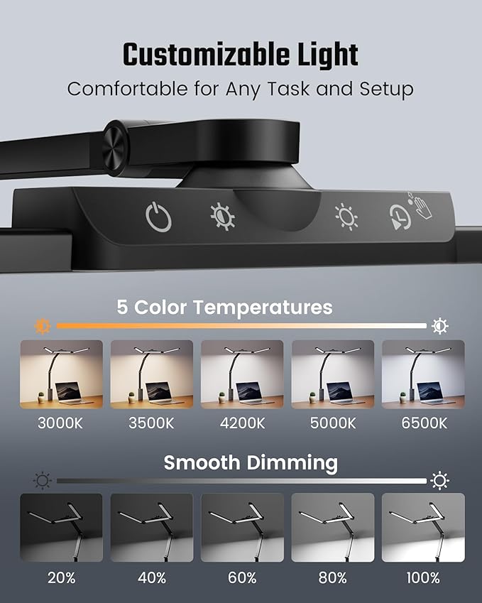 SUPERDANNY LED Desk Lamp with Power Strip (6 Outlets, 1 USB, 1 Type-C) for Home Office, Desk Light Computer Light with Clamp, Architect Desk Lamp with Smooth Dimming 5 Colors Touch & Wave Control