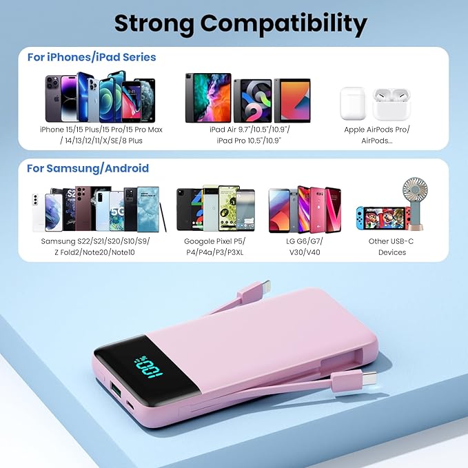 Portable Charger 13800mAh Power Bank with Built-in Cables,LCD Display Fast Charging USB C Battery Pack,4 Outputs Travel Essential Portable Phone Charger for iPhone 16/15/14/13,Android(Sakura Pink)