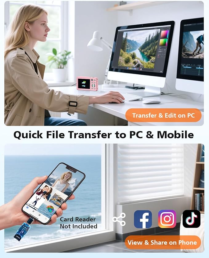 4K Digital Camera, 64MP Autofocus Vlogging Camera with Front Rear Lens, 32GB Card, Flash, 16X Zoom, Anti-Shake, Point Shoot Camera for YouTube Travel Teens Adult Beginner Photography(Pink)