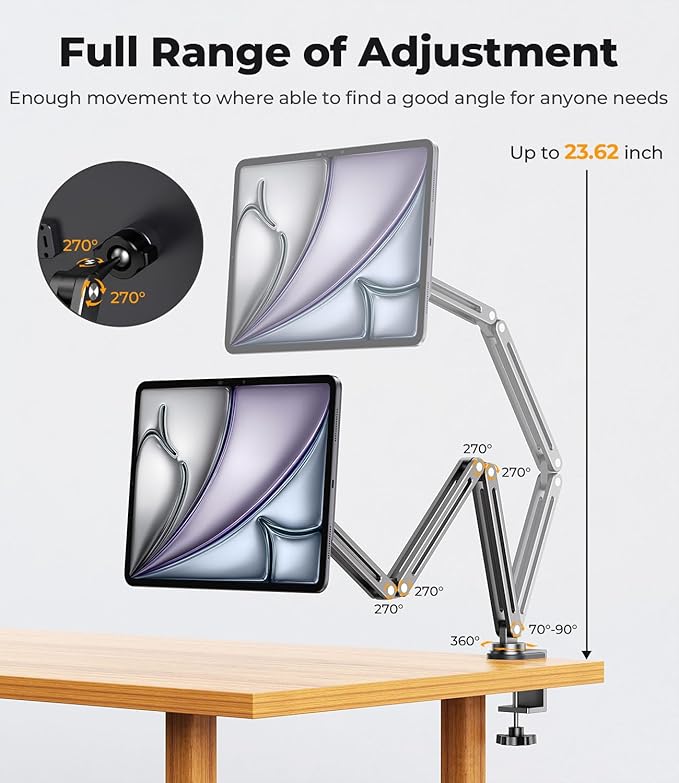 Magnetic Wireless Charging Stand for iPad Pro/Air 11 M2, Foldable Adjustable Arm Mount with 2M Cable, Aluminum Alloy Tablet Holder for iPad Pro 11 1st/2nd/3rd/4th, Air 10.9 4/5th