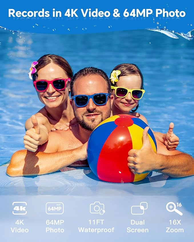 4K Underwater Camera Snorkeling 11FT Waterproof Camera 64MP Autofocus with 32GB Card Dual Screens Selfie 16X Zoom Floatable Compact Digital Camera Waterproof with 2 Batteries (Blue)