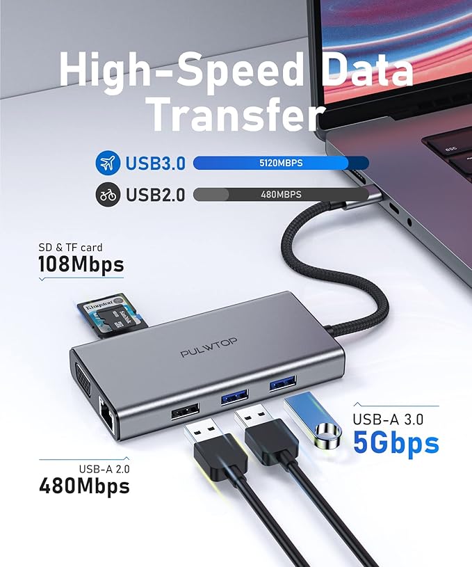 Laptop Docking Station 10 in 1 USB C Hub Multiport Adapter, 1*HDMI 4K 30Hz,VGA, Ethernet, USB 3.0, USB A 2.0, TF/SD, Audio, MacBook Dongle for MacBook Dell Hp Lenovo Laptop Type C Devices