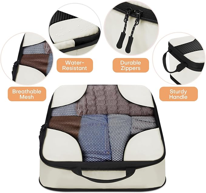 6 Set Compression Packing Cubes Bags for Travel Women, Compression Bags Organizer for Packing Luggage Space Saving, Suitcase Organizer Bags Set for Travel Essentials - Beige