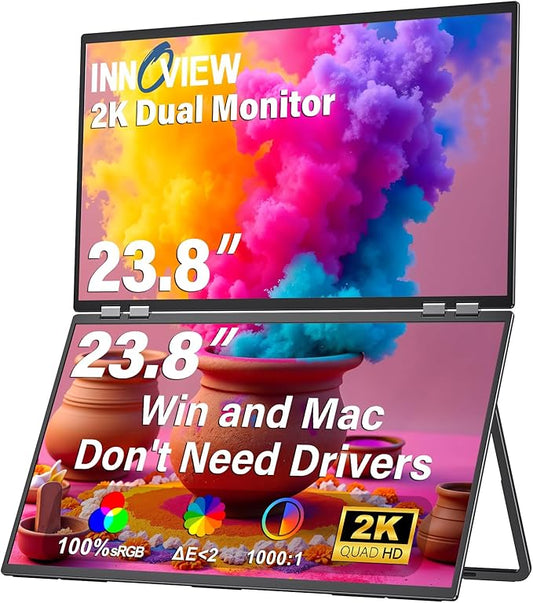 InnoView 23.8" 2K Dual Mnonitor Built-in Speakers QHD 2560 x 1440P Laptop Screen Extender 315°Adjustable Dual Monitor for MacBook Windows with DP Type-C HDMI Double Foldable Monitors(No Driver Needed)
