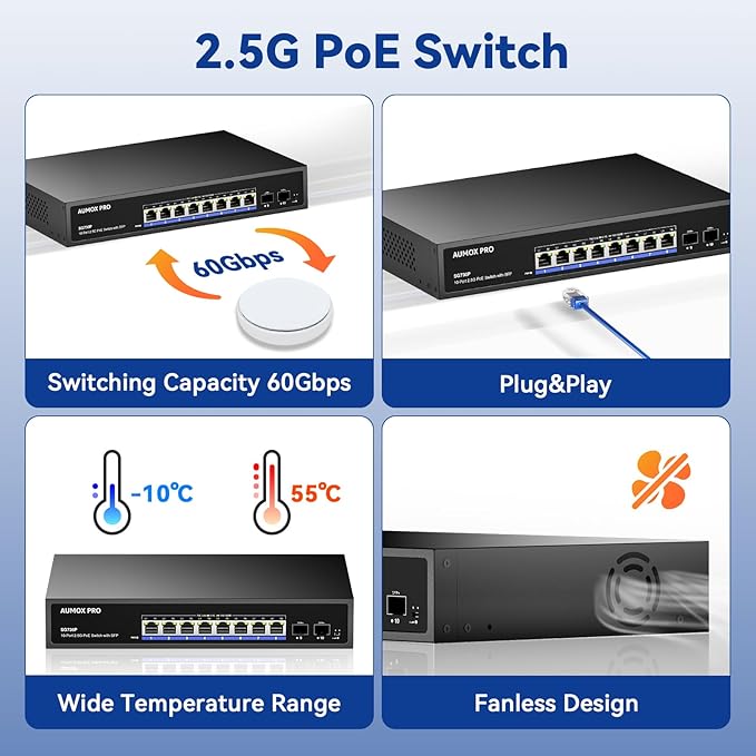 Upgrade 10 Port 2.5G PoE Switch,AUMOX PRO 8 Port 2.5G Network Unmanaged Switch with 2x10G SFP Gigabit Ethernet Unmanaged PoE Switch 120W,Compatible with 100/1000/2500Mbps for AP, NAS, PC Plug and Play