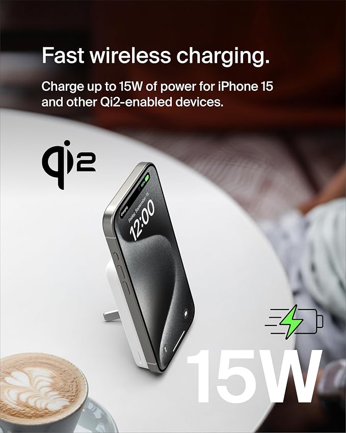 Belkin Portable Charger, Wireless Power Bank 15W 5000 mAh w/ Qi2 - MagSafe Charger w/Built-in Pop-up Kickstand - Compatible w/iPhone 17, Air, Pro, Pro Max, Google Pixel 10, etc. - White