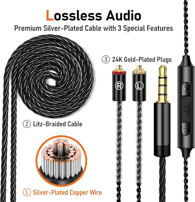 Vibes 202M Wired Earbuds - HiFi in Ear Monitor Headphones - Noise-Isolating Ear Buds w/ Mic - Clear Sound, Deep Bass & Comfort-Fit Gaming Earphones - MMCX to 3.5mm & Silver Plated Cord, Carrying Case