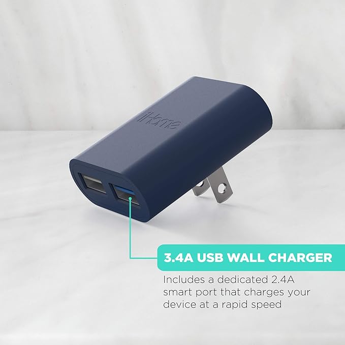iHome 2-Port USB Wall Charger, AC Pro Multiport Plug Adapter, Phone Charging Block with Dual Ports, Flat Wall Adapter for Home & Travel