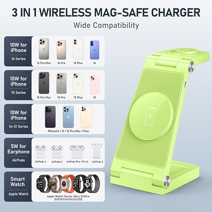 Magnetic Wireless Charger Stand, 3 in 1 Foldable Wireless Charging Station, Travel Charger for Multiple Devices for iPhone 15 14 13 12 Series, Apple Watch Ultra/SE/9/8/7/6/5/4/3/2, AirPods