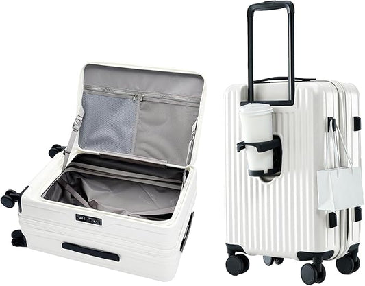HotWay 26 Inch Expandable Checked Luggage with Cup Holder, Hardside TSA Approved Luggage with Spinner Wheels, Top Opening Suitcase For Travel, White