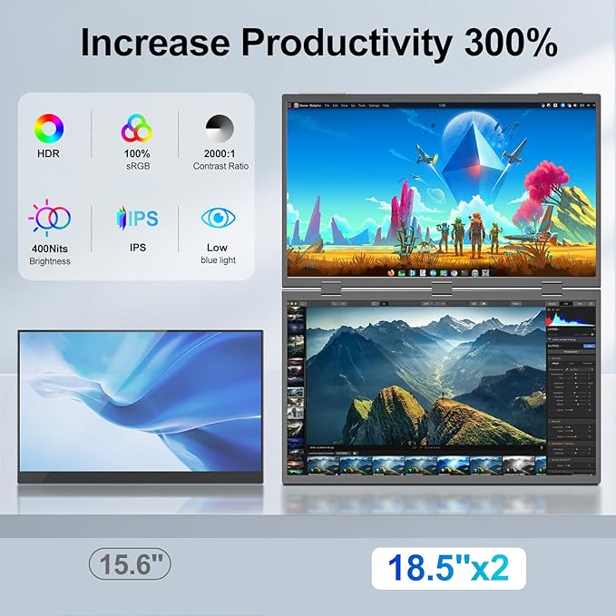 Dual Portable Monitor, 18.5" 1080P FHD IPS Folding Stacked Triple Laptop Screen Extender, USB-C Plug & Play Travel Extended Computer Display for Laptop PC Windows Mac w/Stand & VESA Mountable
