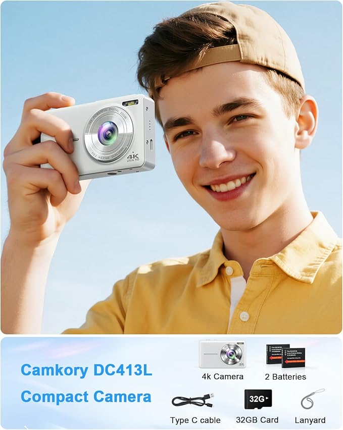 Digital Camera, 4K 64MP Cameras for Photography, Point and Shoot Digital Camera with Auto Focus, Dual Camera, Flash, 16X Zoom, Anti Shake, 32GB Card, Compact Vlogging Camera for Teens, Adults