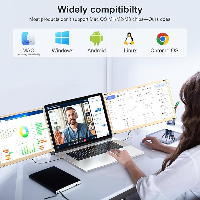 Laptop Screen Extender, 15.6" FHD 1080P Triple Portable Monitor Ultra-Slim Laptop Monitor Extender for 13"-17.3" with Speakers, HDMI/USB-C Plug-Play Extended Screen for MacOS Windows Android