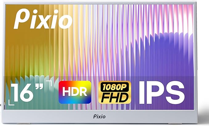 Pixio PX160 Wave White Portable Monitor 15.6 inch 60Hz FHD 1080p IPS Panel HDR Screen Cover Stand USB-C HDMI Laptop Screen Extender Portable Monitor for Laptop, PC, Console, Phone