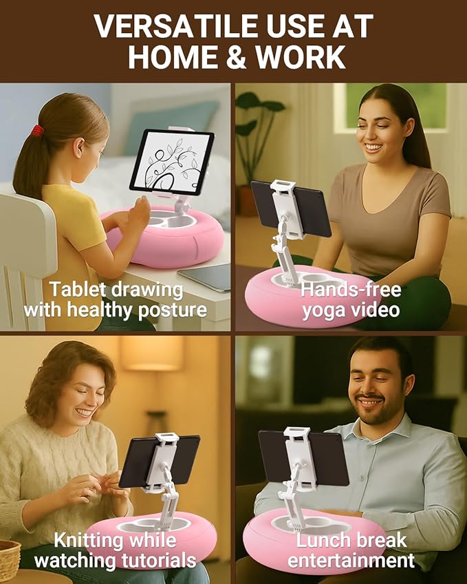 Kindle Pillow Stand for Bed, Adjustable Tablet & Phone Holder for iPad, Kindle, Couch – Snack & Drink Holders, 50 Disposable Liners & Washable Pillow Cover(Pink)