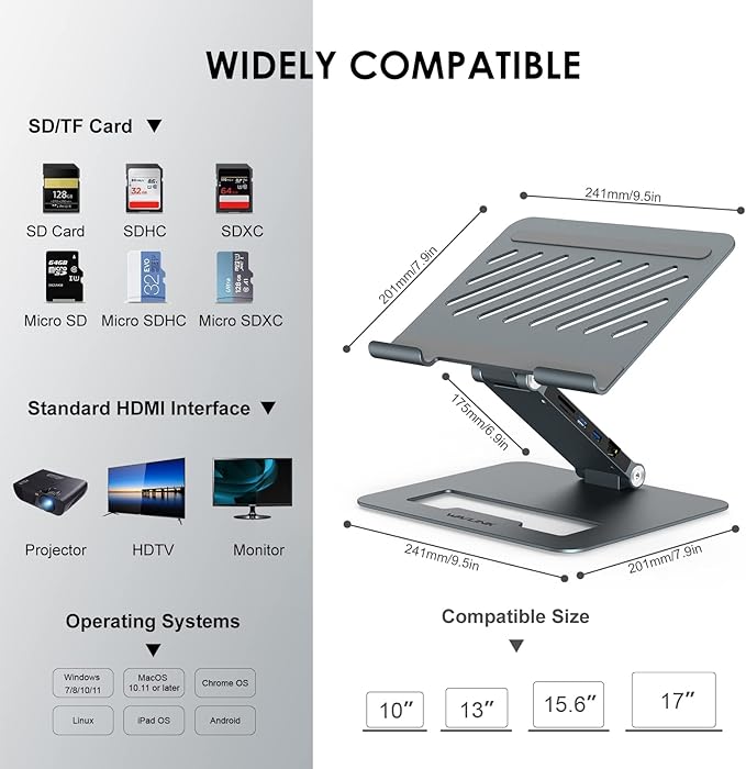 WAVLINK Adjustable Aluminum Laptop Stand with USB C Dock, Ergonomic Portable Computer Riser for MacBook, Windows, 10"-17" Notebook and Tablet(2HDMI,PD3.0,SD/TF,RJ45 Ethernet,2USB 3.0 Ports)