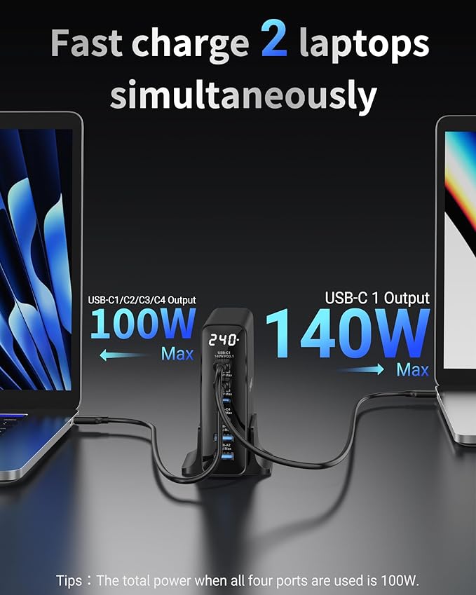 240W USB C Charger 6-Port, PD3.1 GaN Charger with LED Display Desktop Fast Charging Station for MacBook Pro/Air, iPhone Pro, iPad Pro, Dell XPS, Galaxy, Pixel, Laptops and More, Black