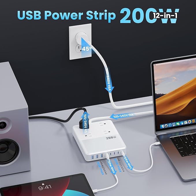12-in-1 Charging Station USB C Power Strip with 5ft Cord,200W GaN IV USB C Charger Block,4 AC Outlets,4 USB-A,4 USB-C for MacBook,iPhone 16/15/14,Fast Charging Desktop Charger for Office (A-White)