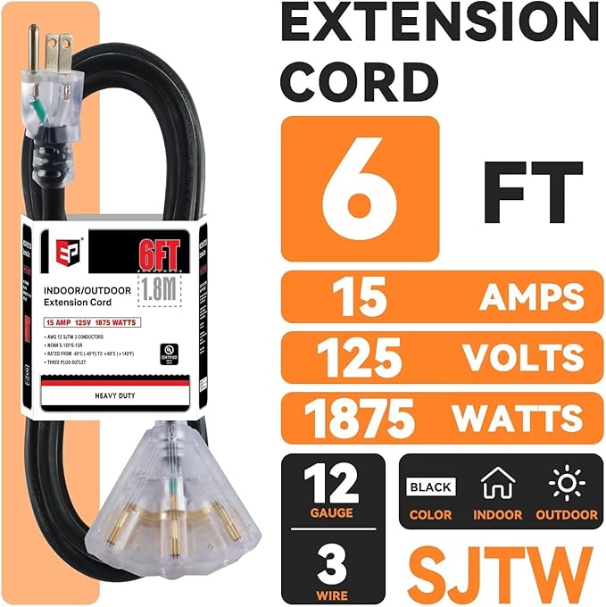 EP 6 Ft 12 Gauge Heavy Duty Extension Cord, 15A 125V 1875W, 3 Outlet Indoor/Outdoor Power Cord with Lighted End, 12/3 SJTW Weatherproof Black, UL Listed