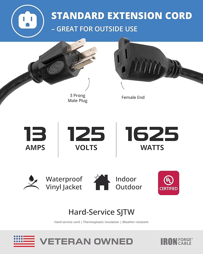 Iron Forge Cable 2 Pack 10 Ft Black Extension Cord, 16/3, 10 Foot Extension Cord, 3 Prong, Weatherproof - Great for Outside Use