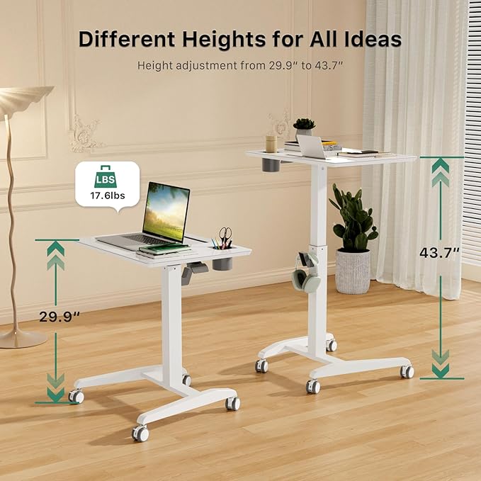 Glass Mobile Standing Desk, Height Adjustable Rolling Laptop Table, 27 inches Portable Sit Stand Desk with Wheels and Hook, Pneumatic Computer Workstation, White