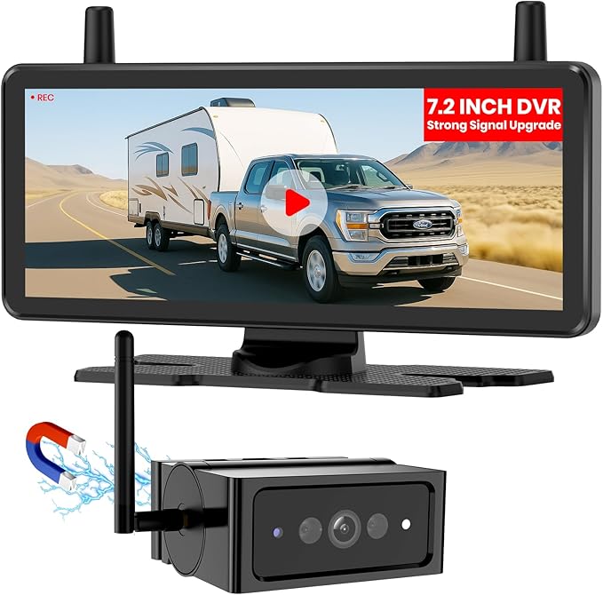 AUTO-VOX Wireless Backup Camera for Trucks:7.2" 1080P HD DVR Recording Monitor,No Wiring 1 Min Magnetic Install Dual Antenna RV Back Up Camera,IP69K Waterproof with IR Night Vision for Camper,Trailer