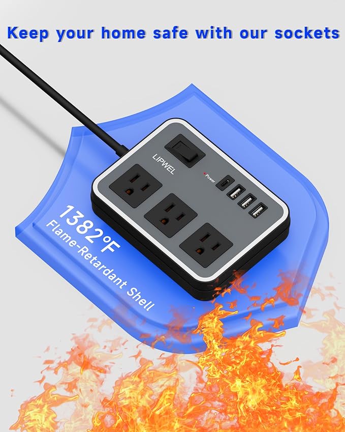 3 Outlet Power Strip with 3 USB Charging Ports and 1 USB-C Port, 1200W Extension Cord 5ft Power Cord, Black,Overload Protection Switch,No Surge Protector for Cruise Ship, Travel, Dorm, Home, Office