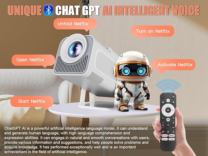 [Netflix Licensed] Smart Mini Projector 320ANSI Native 1080P 4K Support with Official Apps, Portable Projector with WiFi and BT for Home Theater/Outdoor/Bedroom HY320 NTV