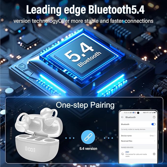 Open Ear Earbuds,Wireless Earbuds Bluetooth 5.4 Ergonomic Clip-On Ear buds, Bone Conduction Over The Ear Headphones 48H Playtime, Perfect Running Headphones for Sports IPX7 Waterproof Touch Controls