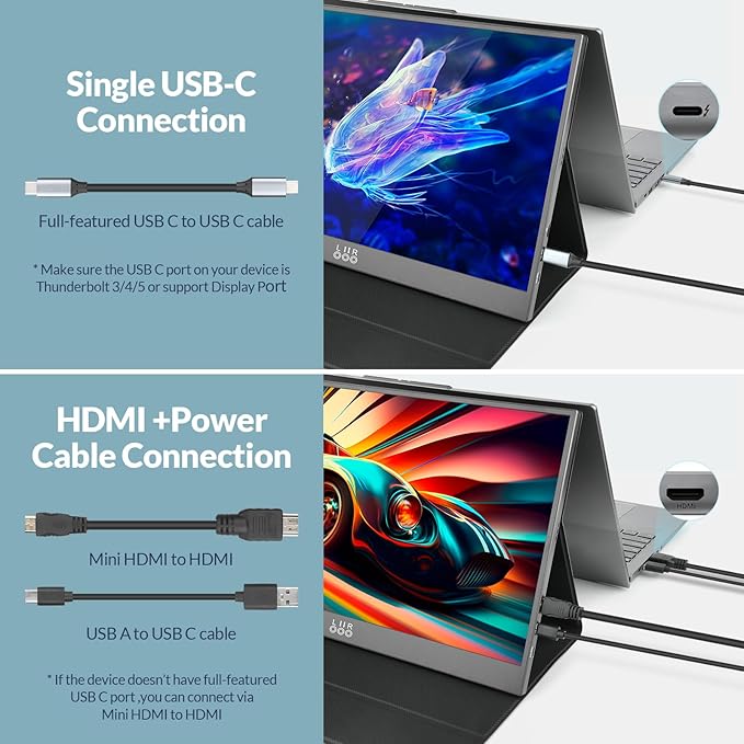 LR Portable Monitor, 15.6” 1080P FHD USB-C HDMI, Ultra-Slim IPS HDR Display with Cover and Built-in Speaker, Travel Monitor for Laptop/PC/Phone/Mac/Xbox/Switch/PS4/PS5, VESA Mountable