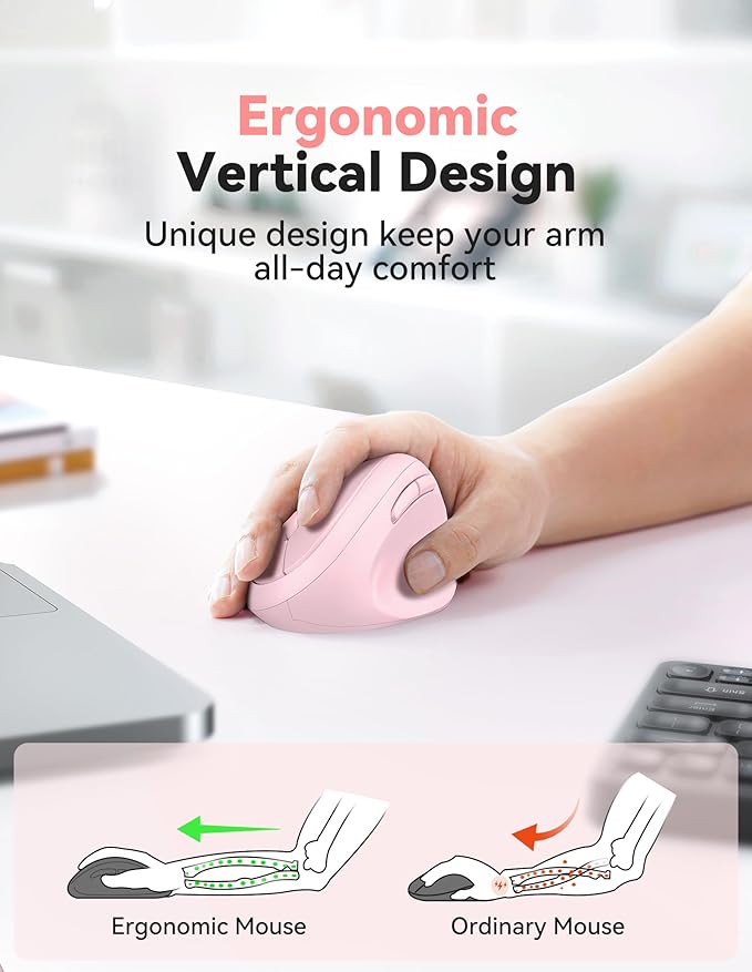 TECKNET Ergonomic Mouse, 4800 DPI Wireless Vertical Mouse, 5 Adjustable DPI Levels, 6 Buttons, 2.4G Silent Wireless Mouse for Laptop, PC, Chromebook - Pink