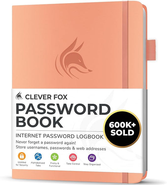 Clever Fox Password Book with alphabetical tabs. Internet Address Organizer Logbook. Small Pocket Password Keeper for Website Logins (Peach Pink)