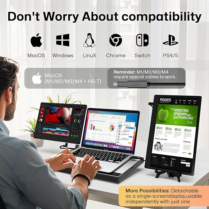 14" Laptop Screen Extender Smart Base - Upgraded Triple Portable Monitor FHD 1080P -300% More Efficient, 360° Rotation/Detachable Dual Display, Plug-Play USB C/HDMI,Laptop Monitor Extender for Win/Mac