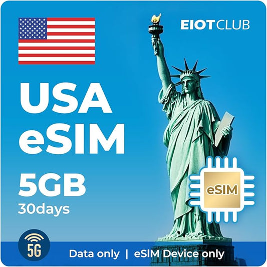 eSIM USA for 5GB 30 Days - 5G/4G High Speed Network Prepaid eSIM USA, QR Code Activation, Data ONLY, No Voice/SMS