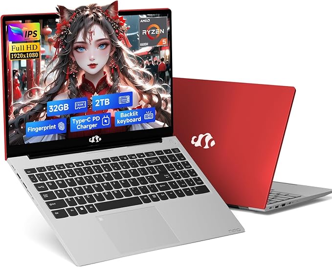 NIMO 15.6" IPS FHD-Gaming-Laptop, 6 Cores AMD Ryzen 5 6600H 32GB DDR5 RAM 2TB SSD (Beat i7-1165G7 up to 4.5GHz) 660M 6nm GPU-Computer with 100W Type-C Backlit Keyboard, Fingerprint