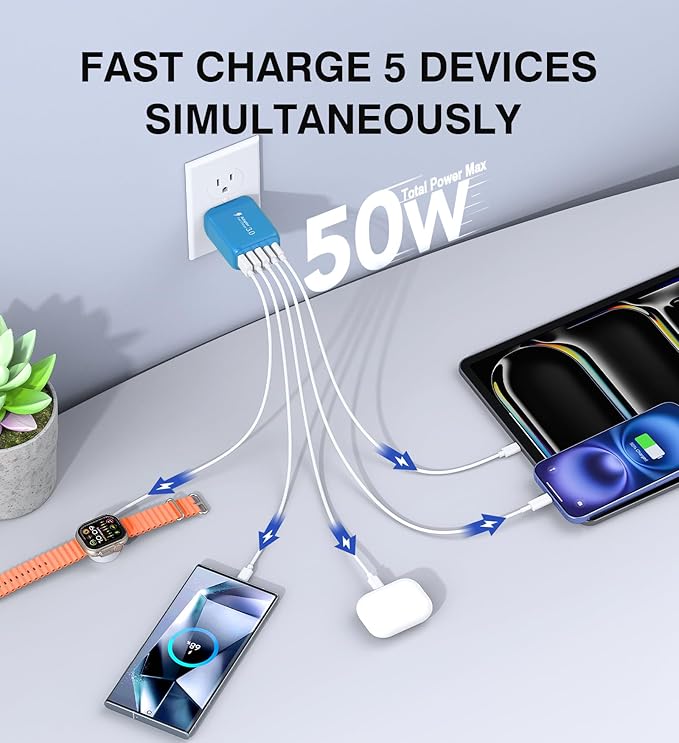 2-Pack USB C Wall Charger Block,50W 5-Port C Charger Fast Charging Block PD Power Adapter +QC 3.0 Multiport Type C Box Charger Cube USB A Wall Plug for iPhone 14/15/16/17 Pro Max,Samsung Galax